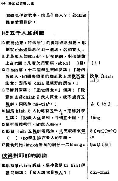 excerpt from the book of Luke, as written in Taiwanese using primarily Chinese characters with some romanization